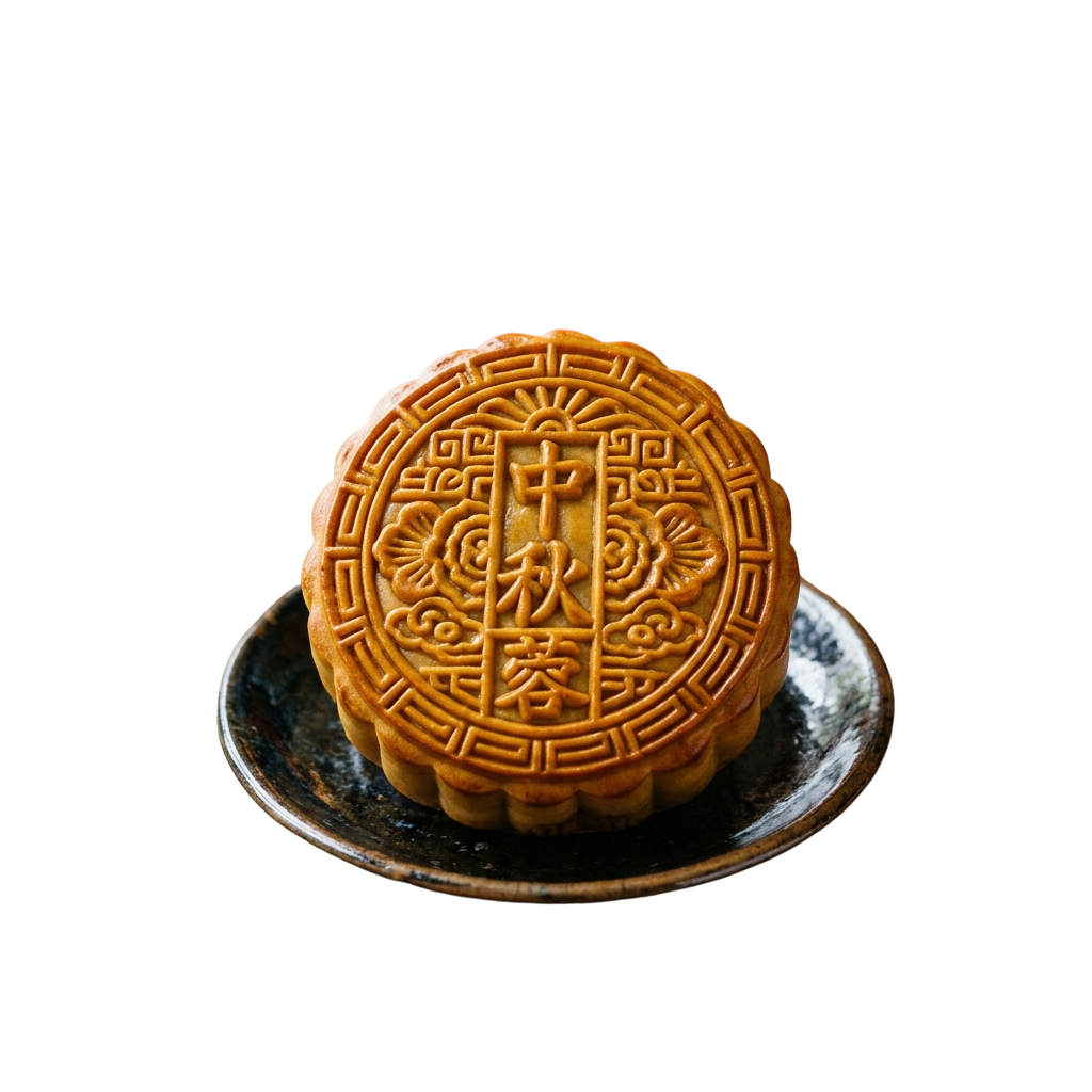 Golden mooncake with detailed carved patterns on a dark plate against a black background