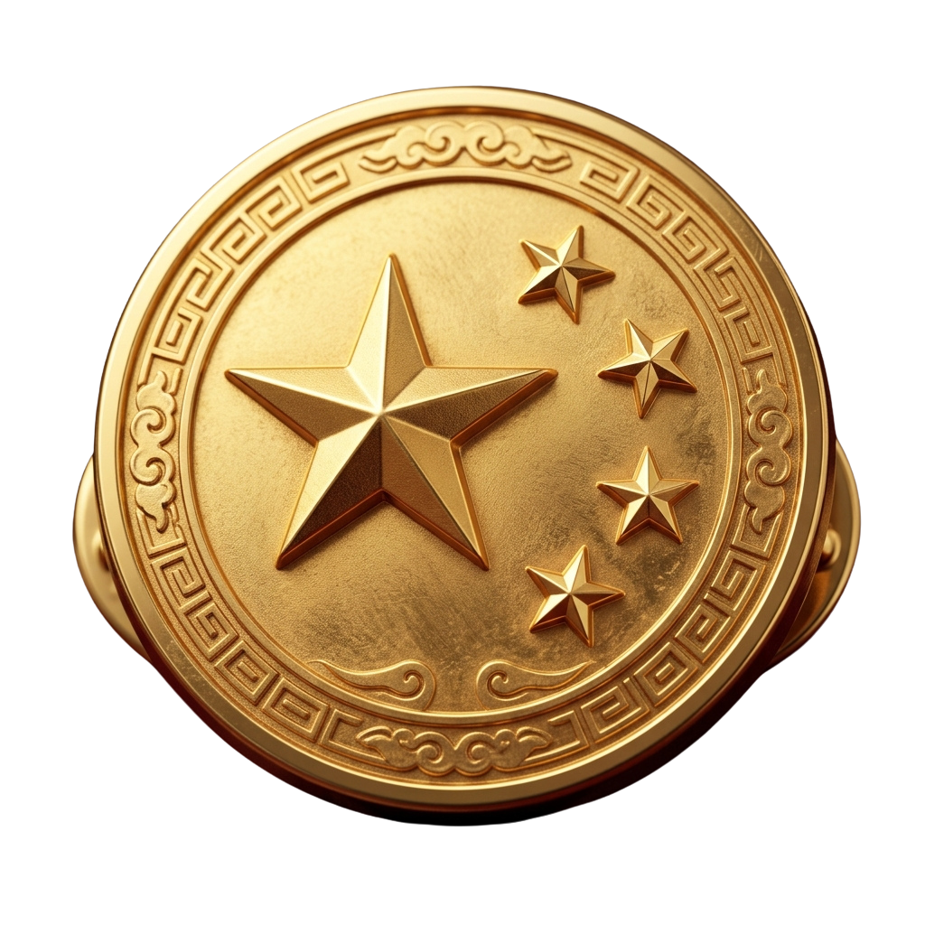 A gold-colored metal clasp featuring a large star with three smaller stars around it, framed by ornate designs.