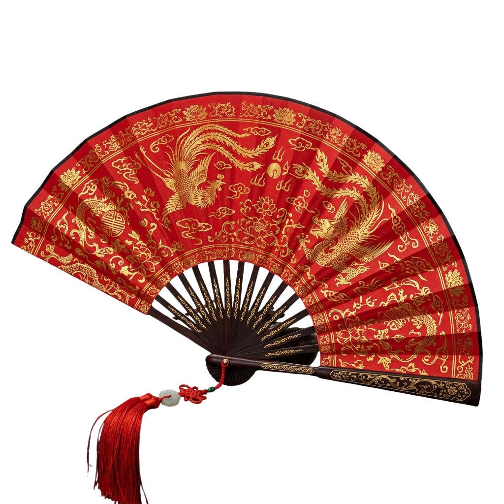 Decorative red fan with golden dragon embroidery and a red tassel hanging from the handle