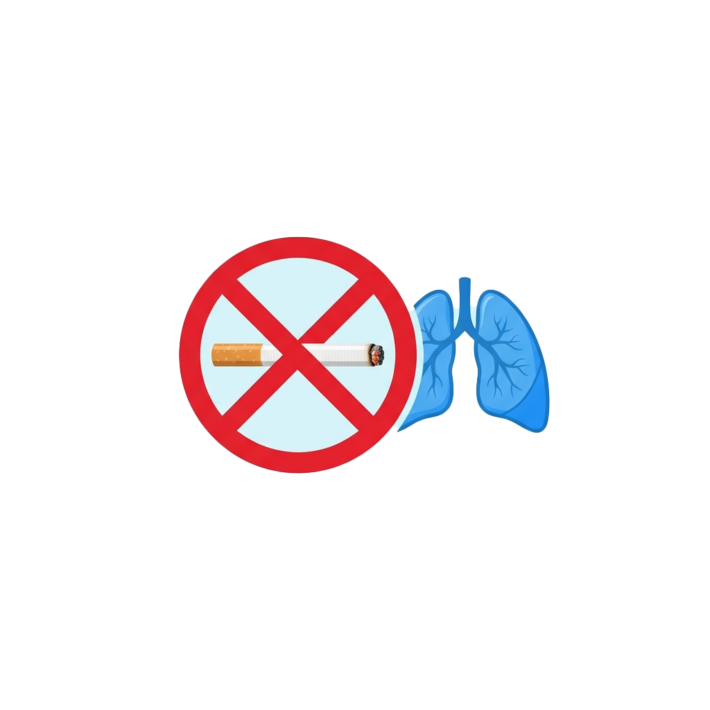 Red prohibition symbol over a cigarette with lungs graphic beside it