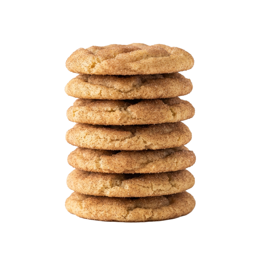 Five round chocolate chip cookies stacked vertically on a black background