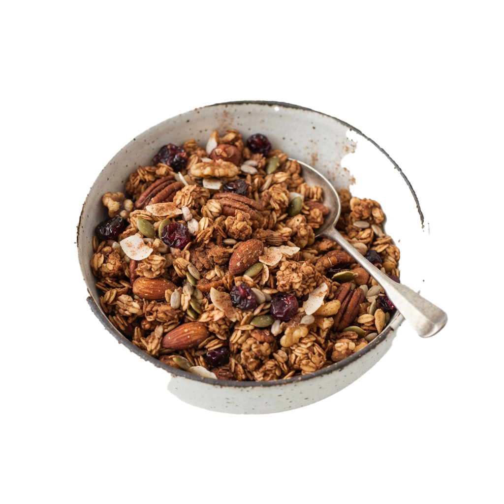 A white bowl filled with granola mix containing oats, nuts, seeds, and dried fruit on a dark background
