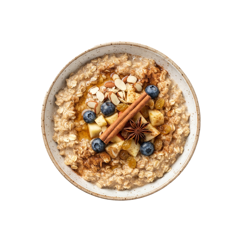 Bowl of oatmeal topped with blueberries, sliced almonds, dried fruit, cinnamon stick, and star anise