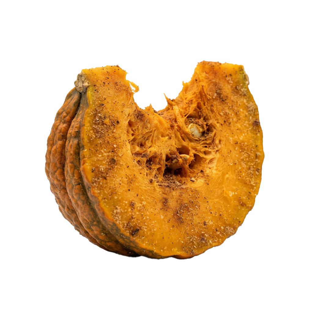 A halved roasted butternut squash revealing its orange flesh and seeds.