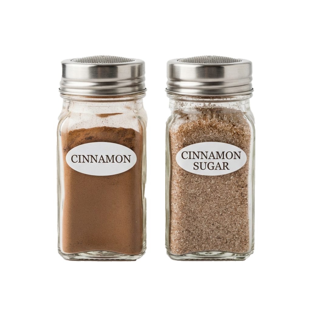 Two glass jars labeled cinnamon and cinnamon sugar with metal lids against a black background