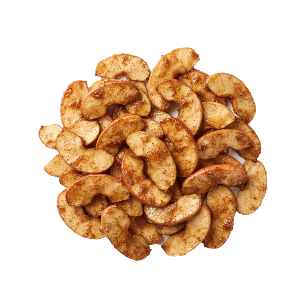 A pile of thin, cinnamon-dusted apple slices arranged in a circular pattern.