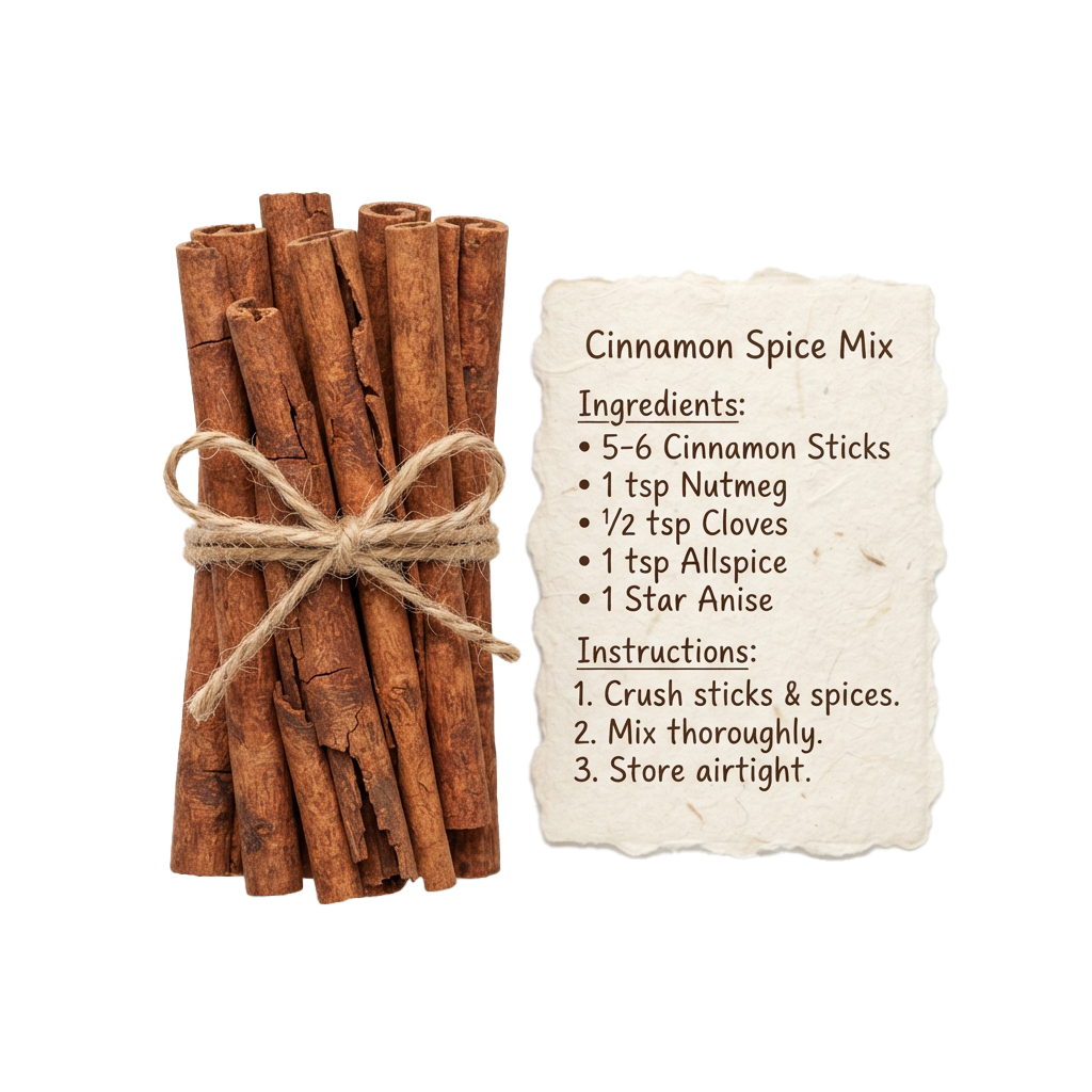 Bundle of cinnamon sticks tied with twine next to a recipe card for cinnamon spice mix
