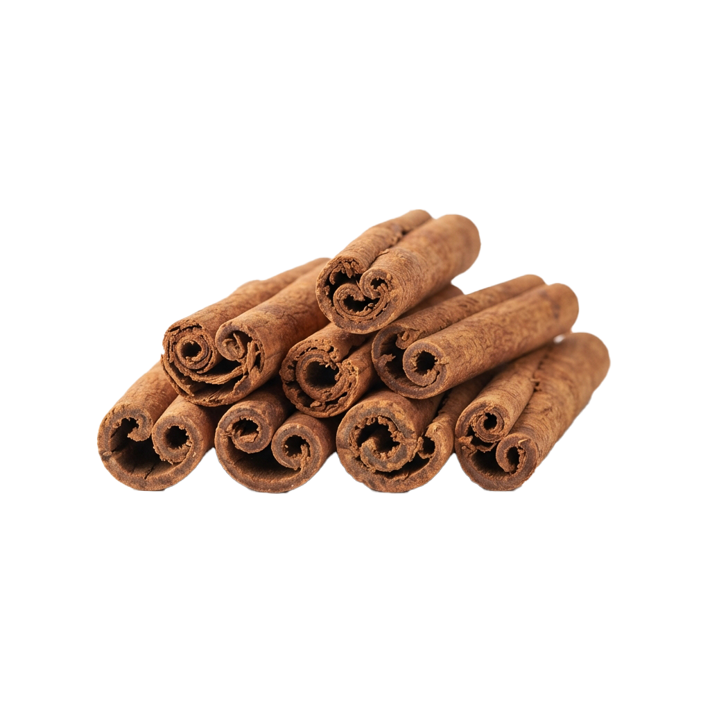 A pile of rolled brown cinnamon sticks on a dark background