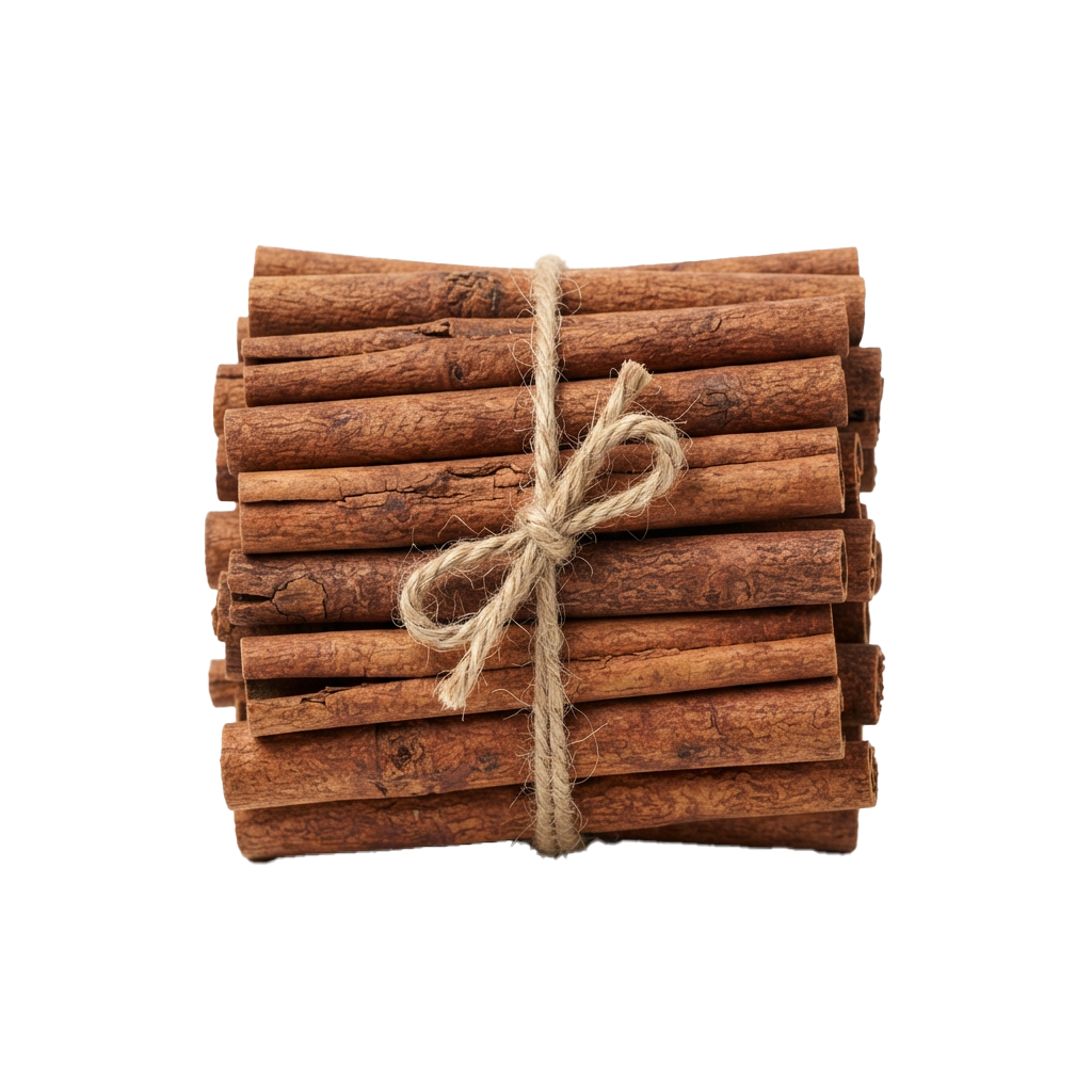 A bundle of dried cinnamon sticks tied together with natural twine against a black background