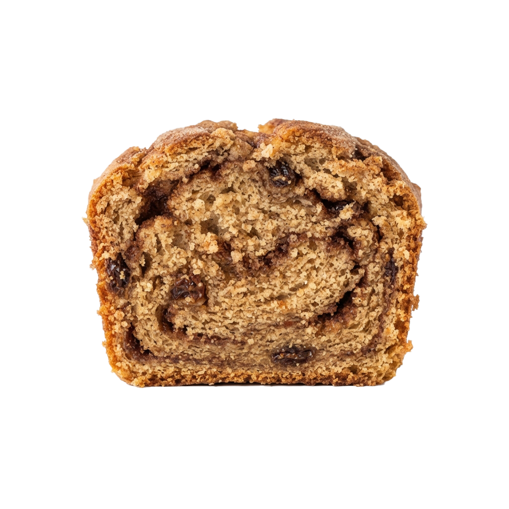 A slice of spiced fruit bread with visible raisins and a golden-brown crust