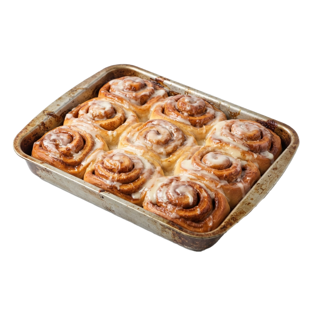 Twelve freshly baked cinnamon swirl buns with icing in a rectangular baking tray