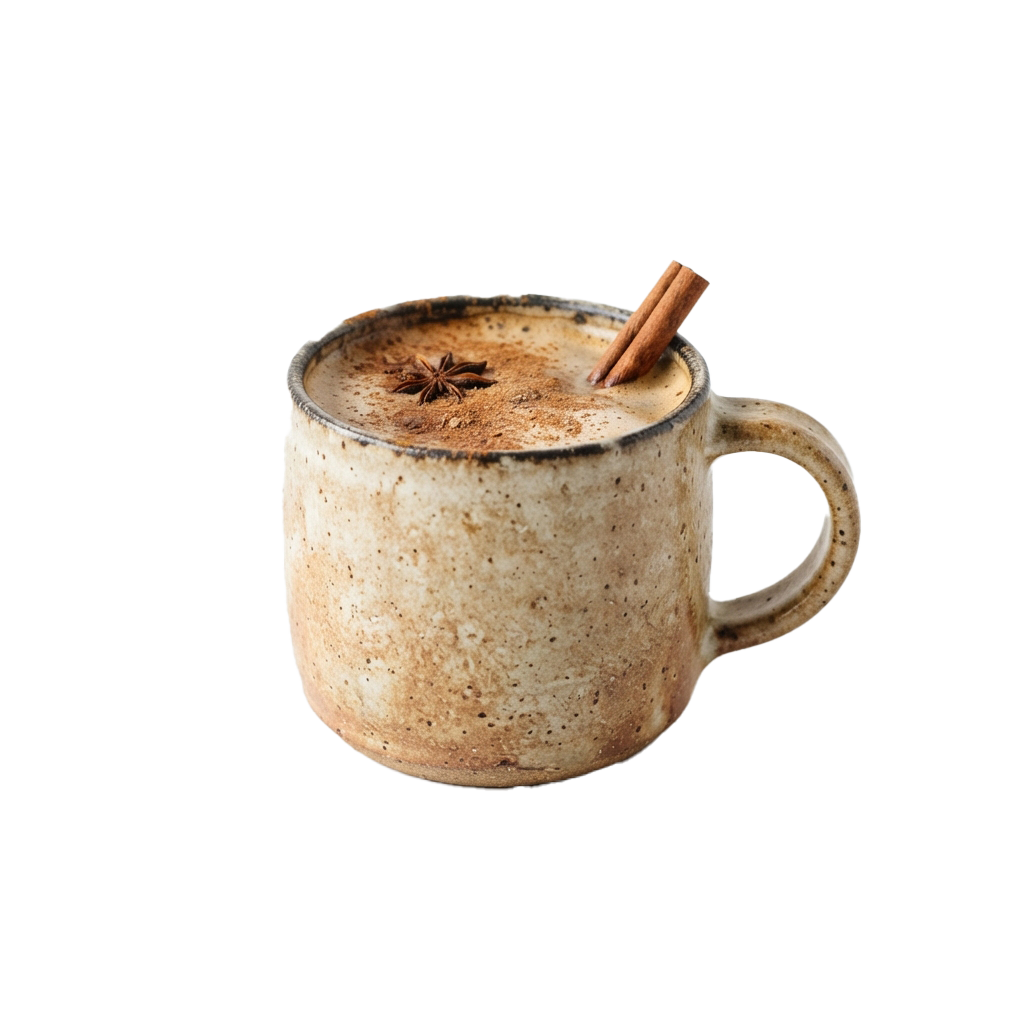 A ceramic mug filled with frothy spiced latte, topped with cinnamon and a cinnamon stick.