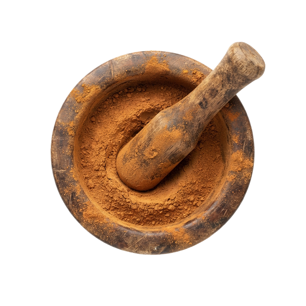 An old wooden mortar and pestle with residue inside, showing signs of wear and age.
