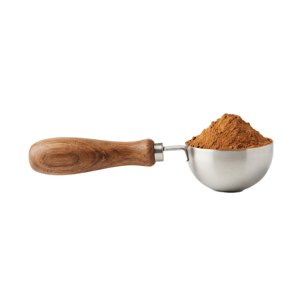 A wooden handled scoop filled with brown ground spice against a black background