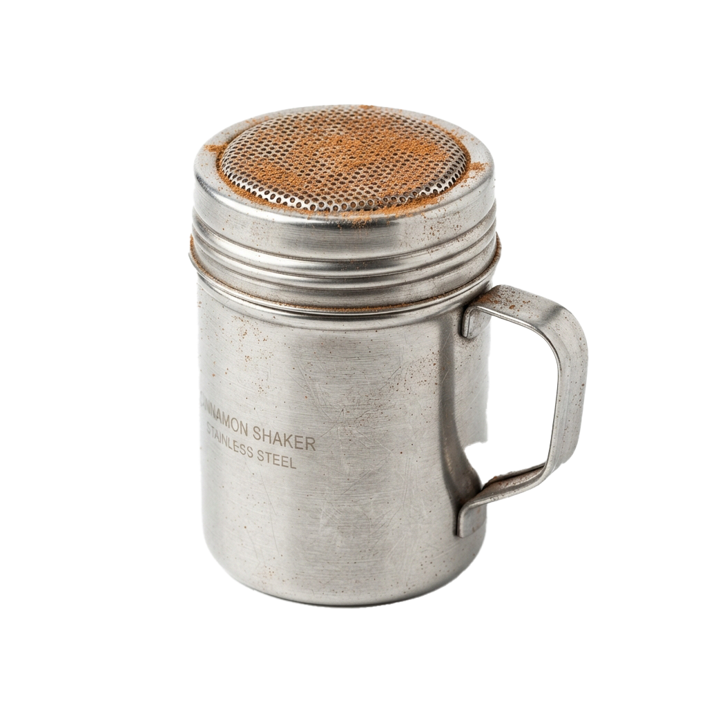 Stainless steel nutmeg shaker with a perforated lid and a handle, partially filled with nutmeg