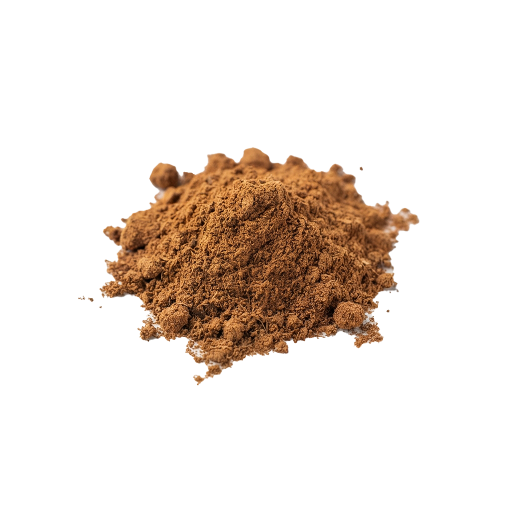 Close-up image of a pile of brown ground spice powder against a black background
