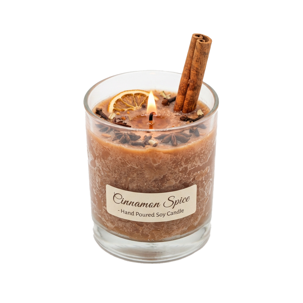 A lit cinnamon spice soy candle in a glass jar with cinnamon stick and orange slices as decor