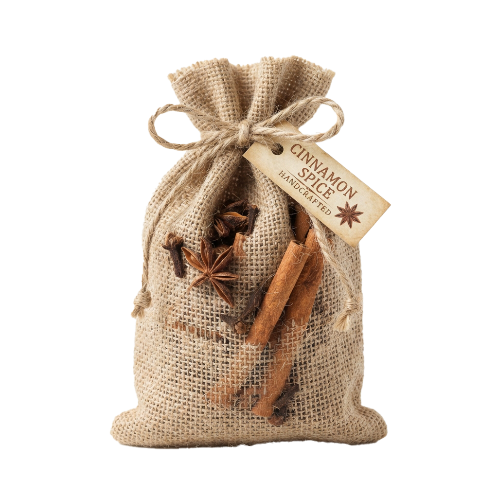 A burlap sack tied with twine containing cinnamon sticks and star anise, labeled cinnamon spice handcrafted