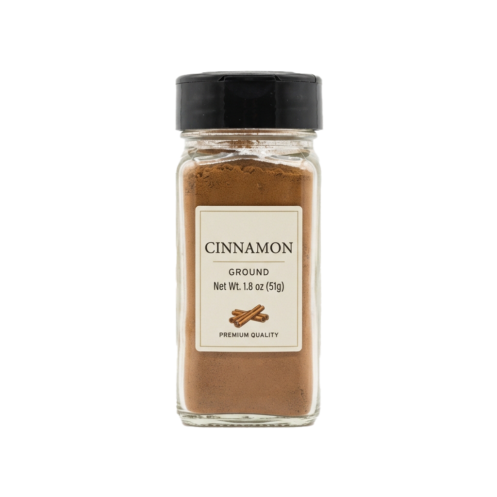 A jar of ground cinnamon spice with a black lid and label showing cinnamon sticks icon and text.
