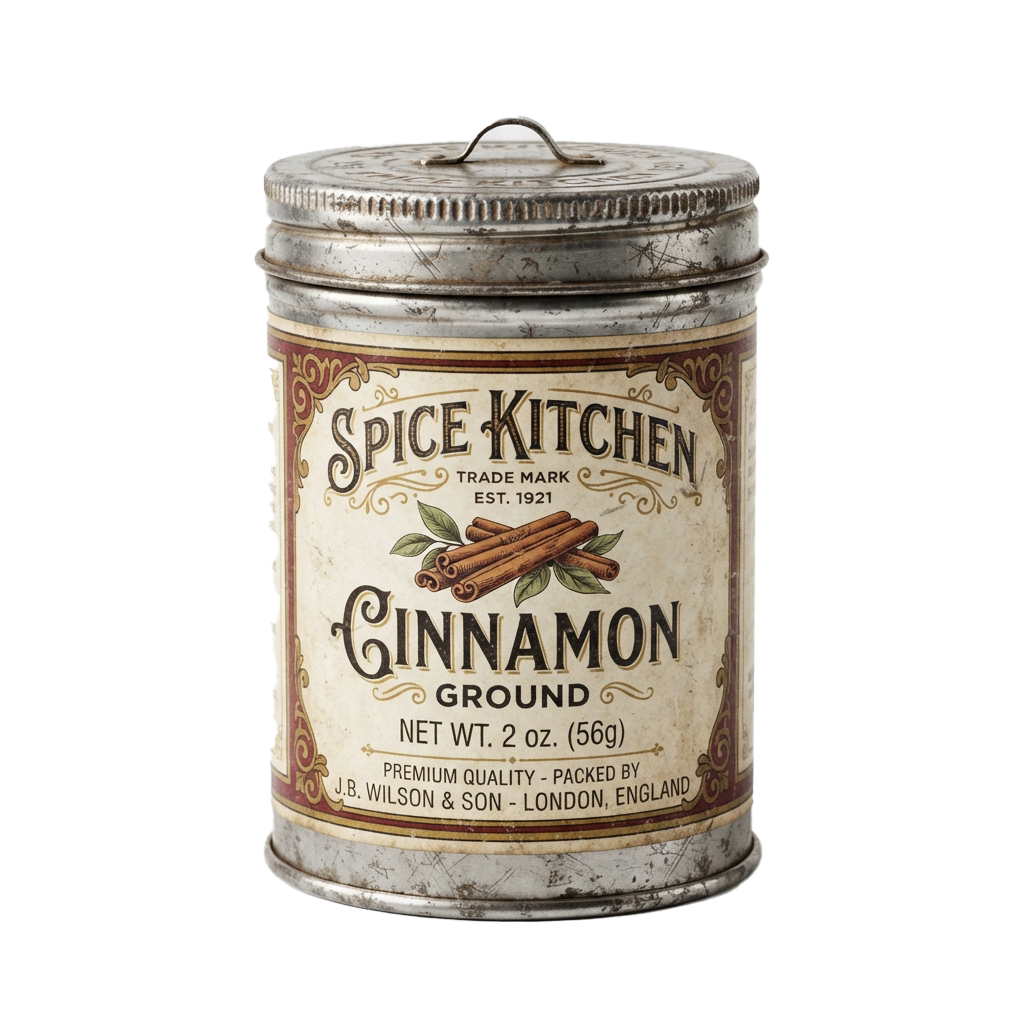 Vintage tin canister labeled ground cinnamon with cinnamon sticks graphic