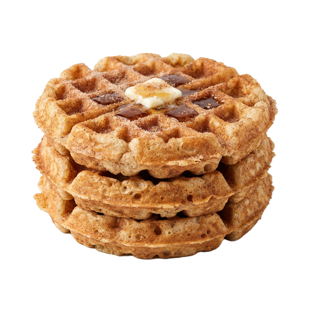 Three golden-brown waffles stacked with butter and syrup on top