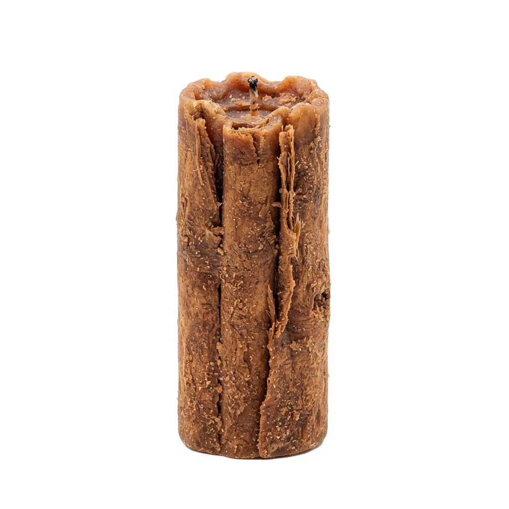 A partially burned brown candle with melted wax and a visible wick stub