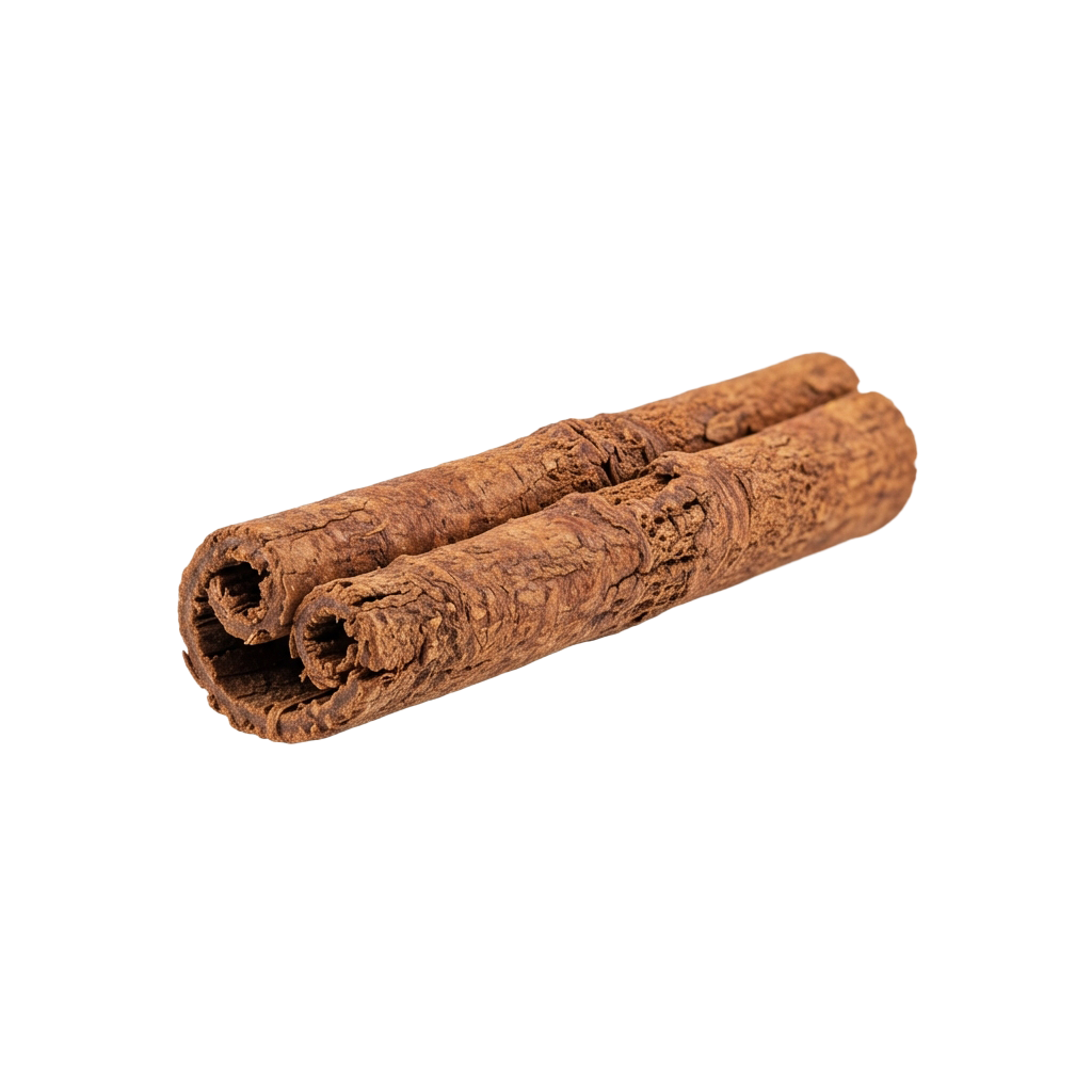 A cinnamon stick with a textured, rolled bark appearance.