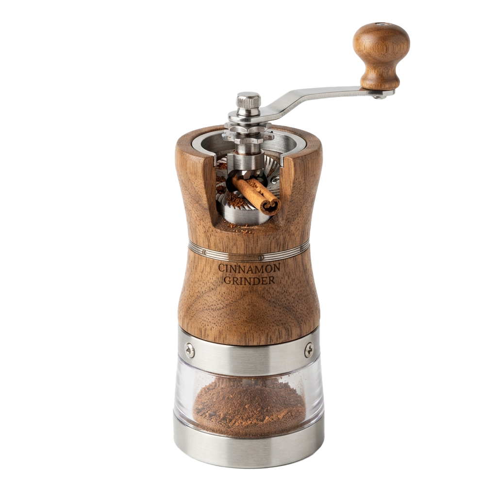 A wooden cinnamon grinder with a metal handle and clear container filled with cinnamon sticks and powder