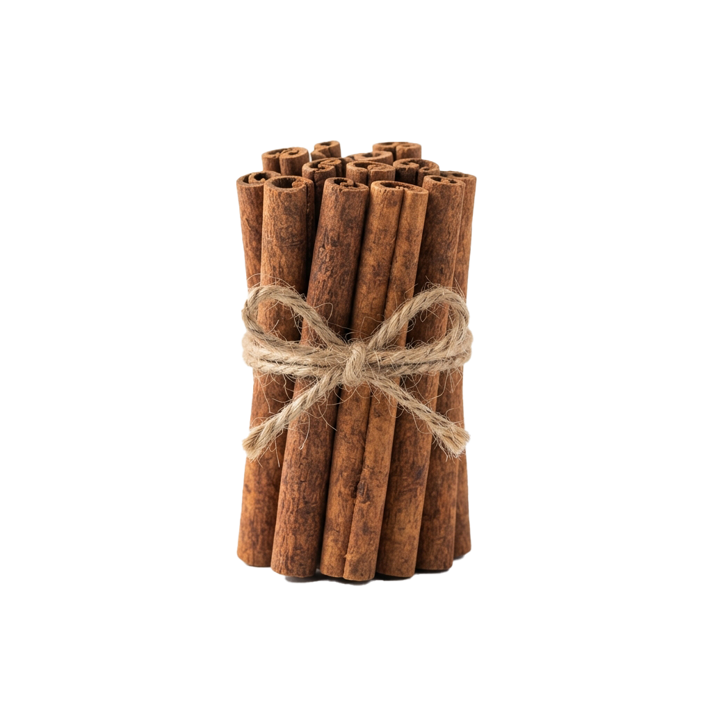 Bundle of cinnamon sticks tied together with natural twine against a dark background