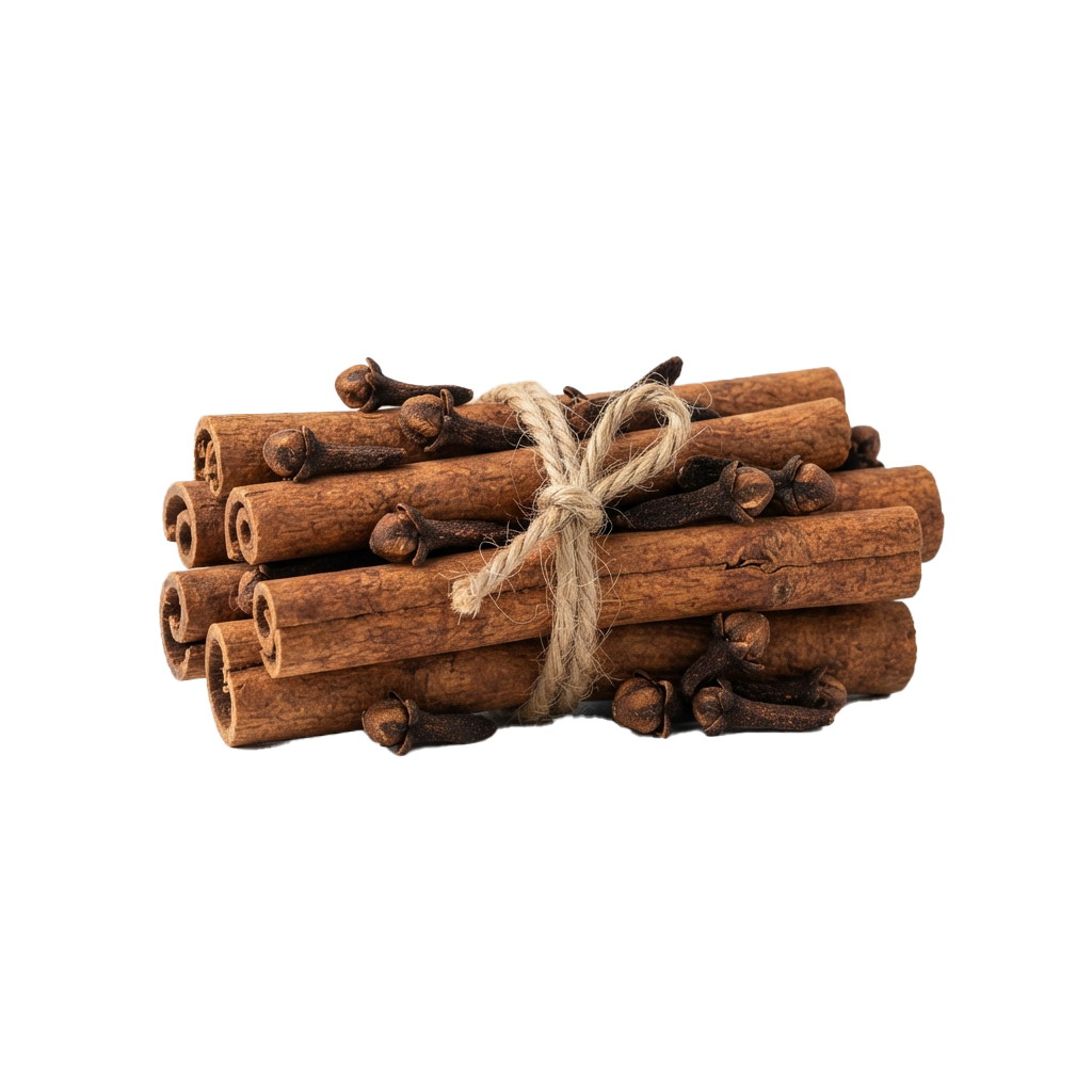 A bundle of cinnamon sticks tied together with natural twine against a dark background