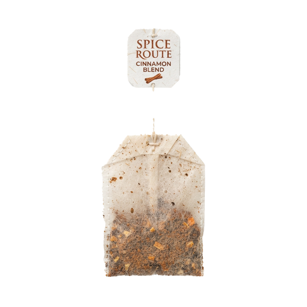 A tea bag labeled Spice Route Cinnamon Blend with a cinnamon stick icon on the tag