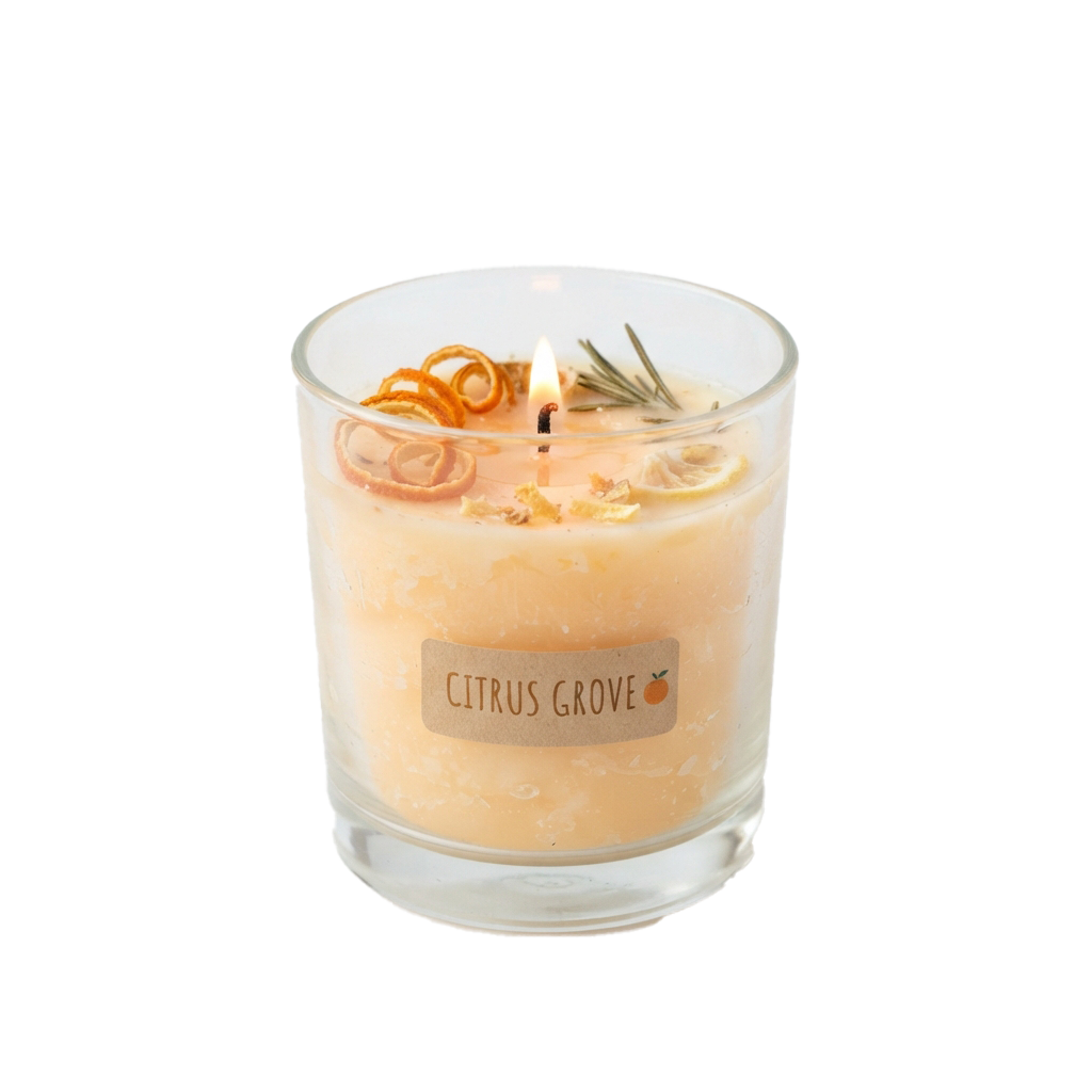 A lit candle in a glass jar with orange slices and dried herbs on top, labeled Citrus Grove