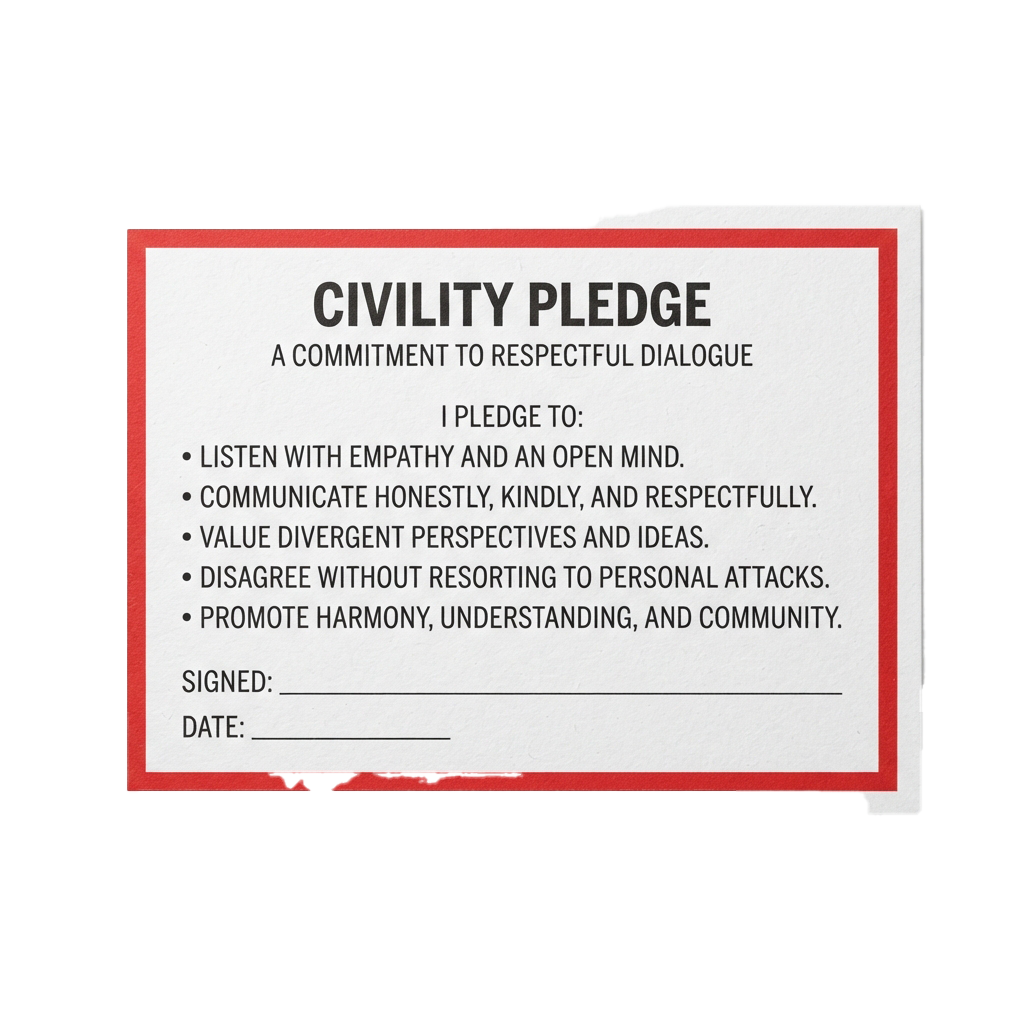 A pledge card titled Civility Pledge with five commitments to respectful dialogue and spaces for signature and date.