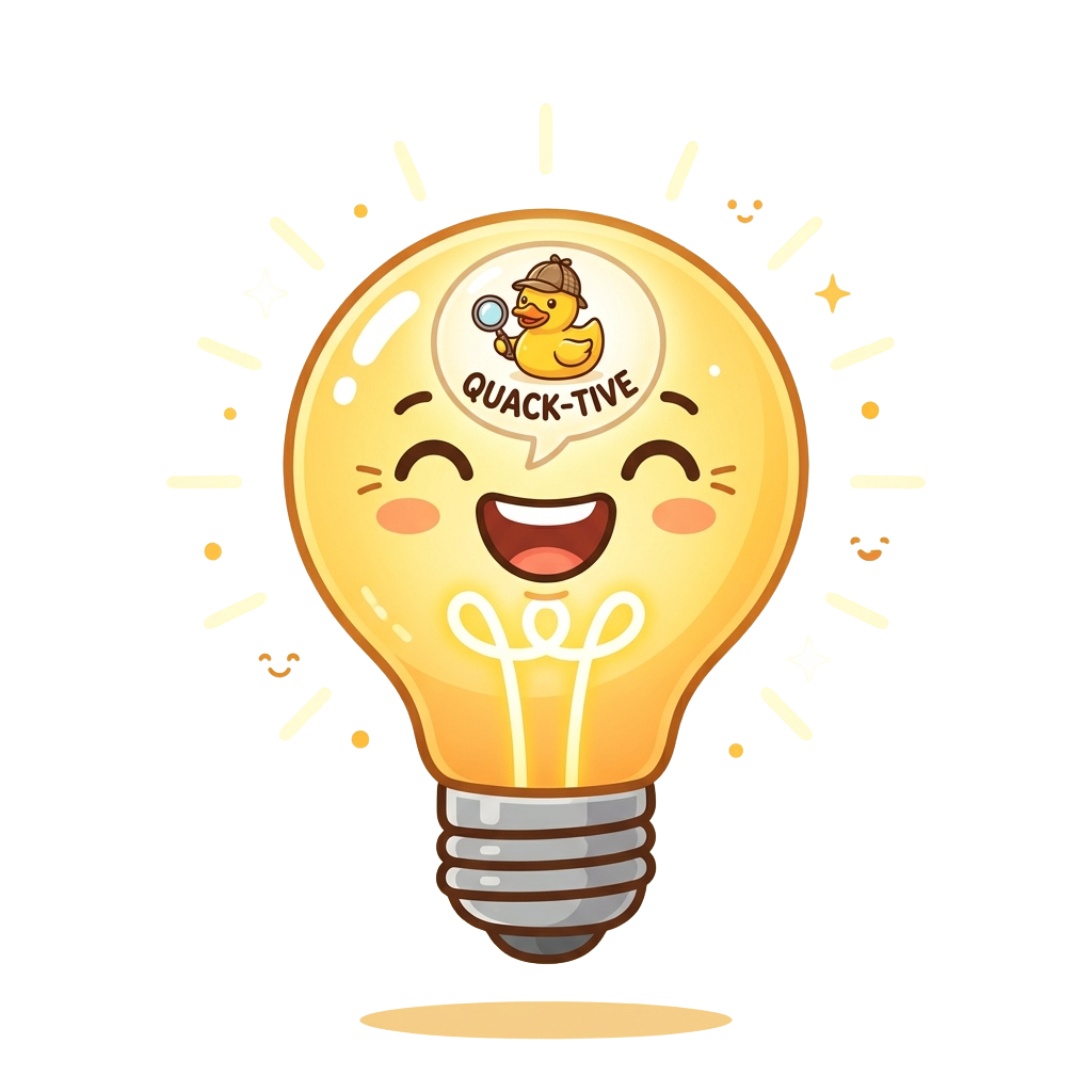 A smiling lightbulb with a speech bubble containing a detective duck labeled Quacktive