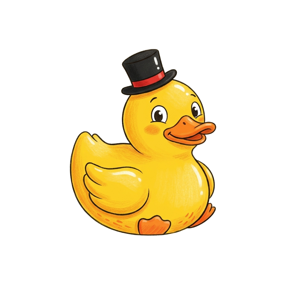 A cheerful yellow cartoon duck wearing a black top hat with a red band
