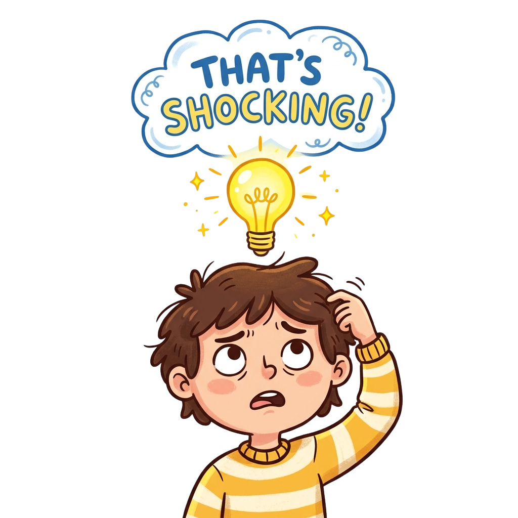 A surprised child with a lightbulb above their head and a speech bubble saying That's shocking