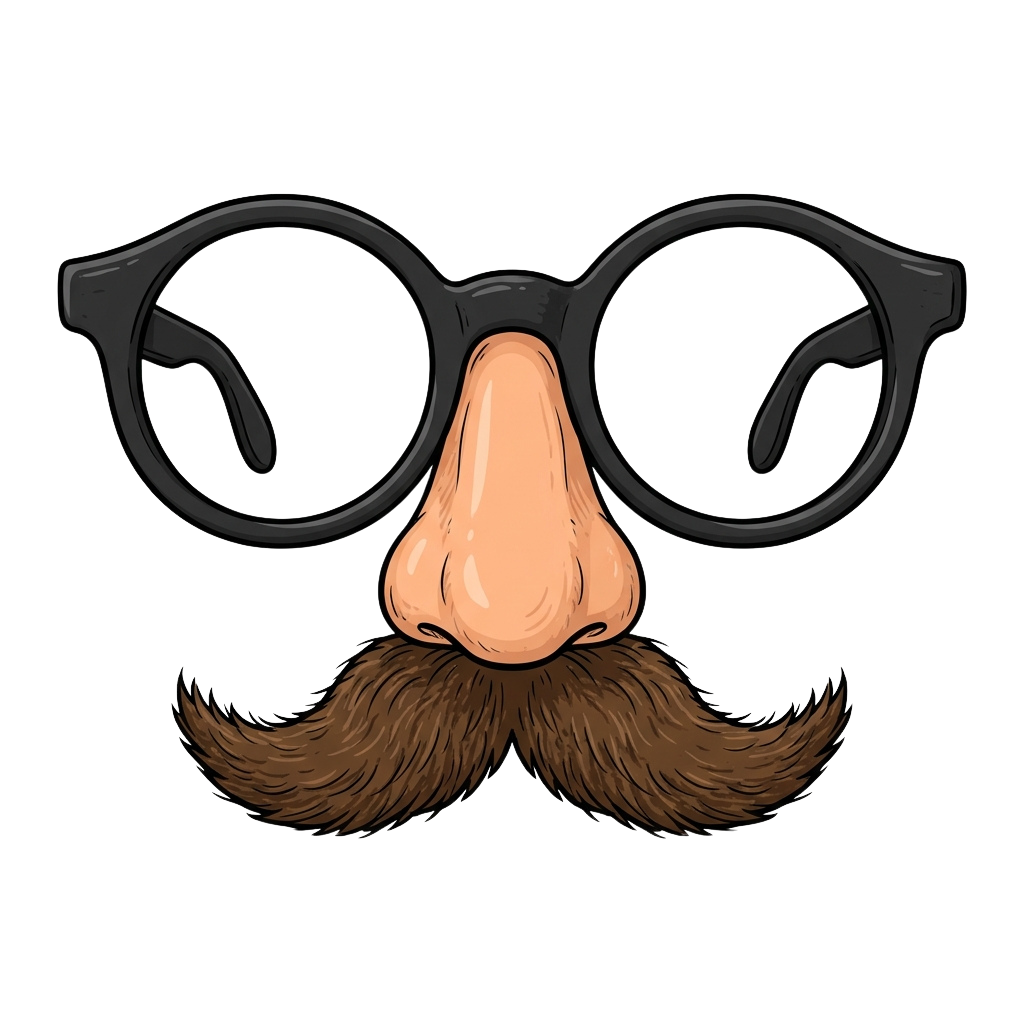 Illustration of a pair of glasses with a cartoon nose and mustache in the center
