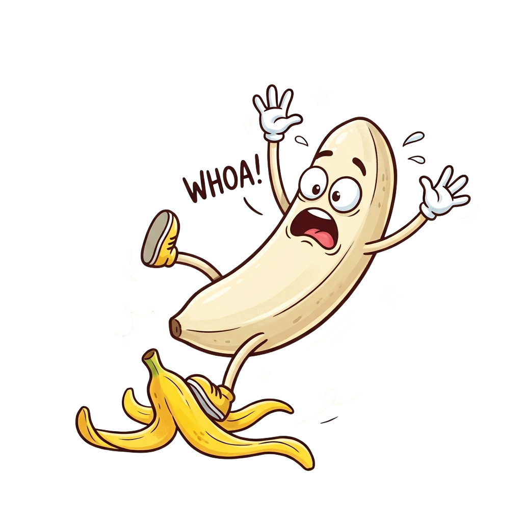 Animated banana character slipping on its peel with surprised expression and arms outstretched