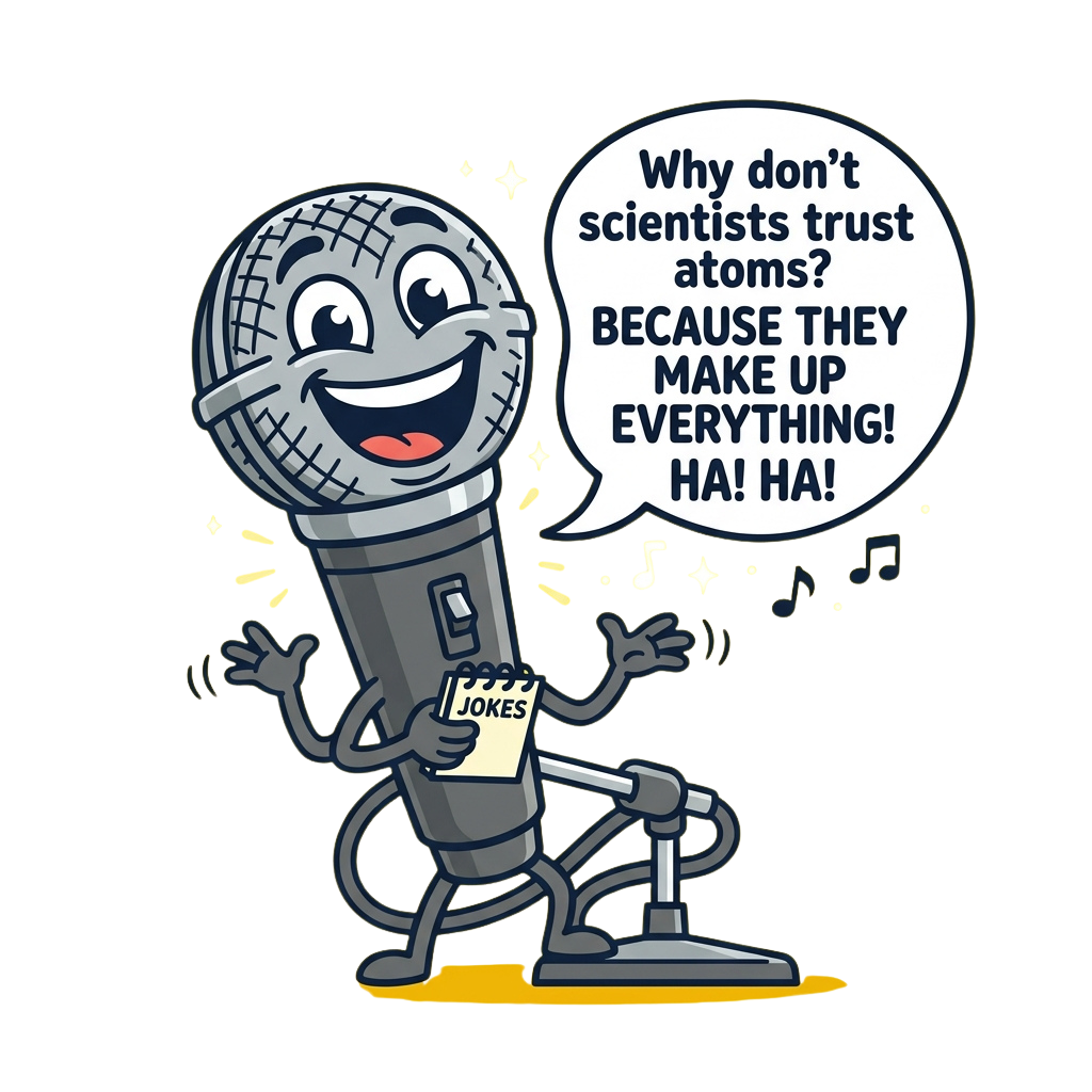 Cartoon scientist character holding joke cards and speaking into a microphone with a speech bubble saying a joke about atoms.