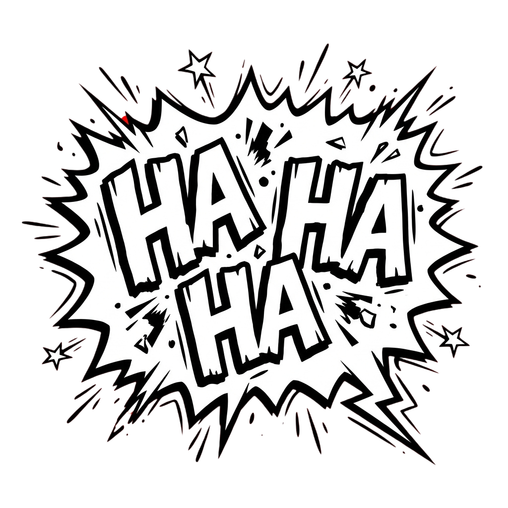 White comic style speech bubble with the word haha in bold letters on a black background