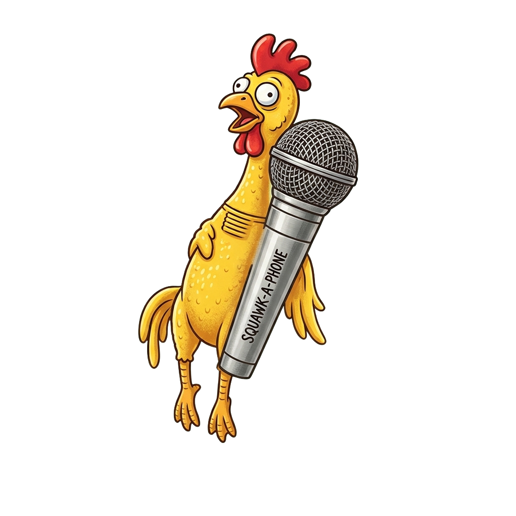 A cartoon rooster holding a microphone labeled Squawk-A-Phone with a surprised expression