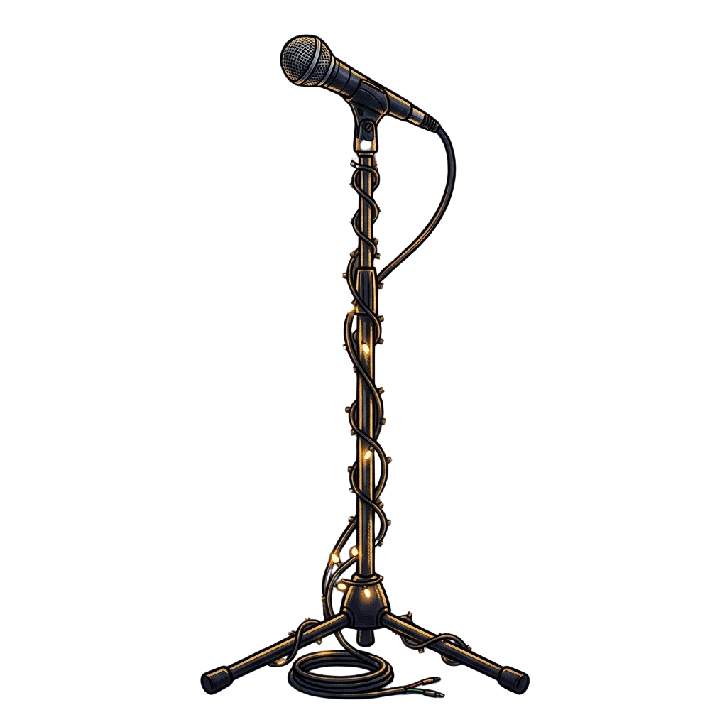 A stylized vintage microphone stand with a coiled metal design and tripod base on a dark background