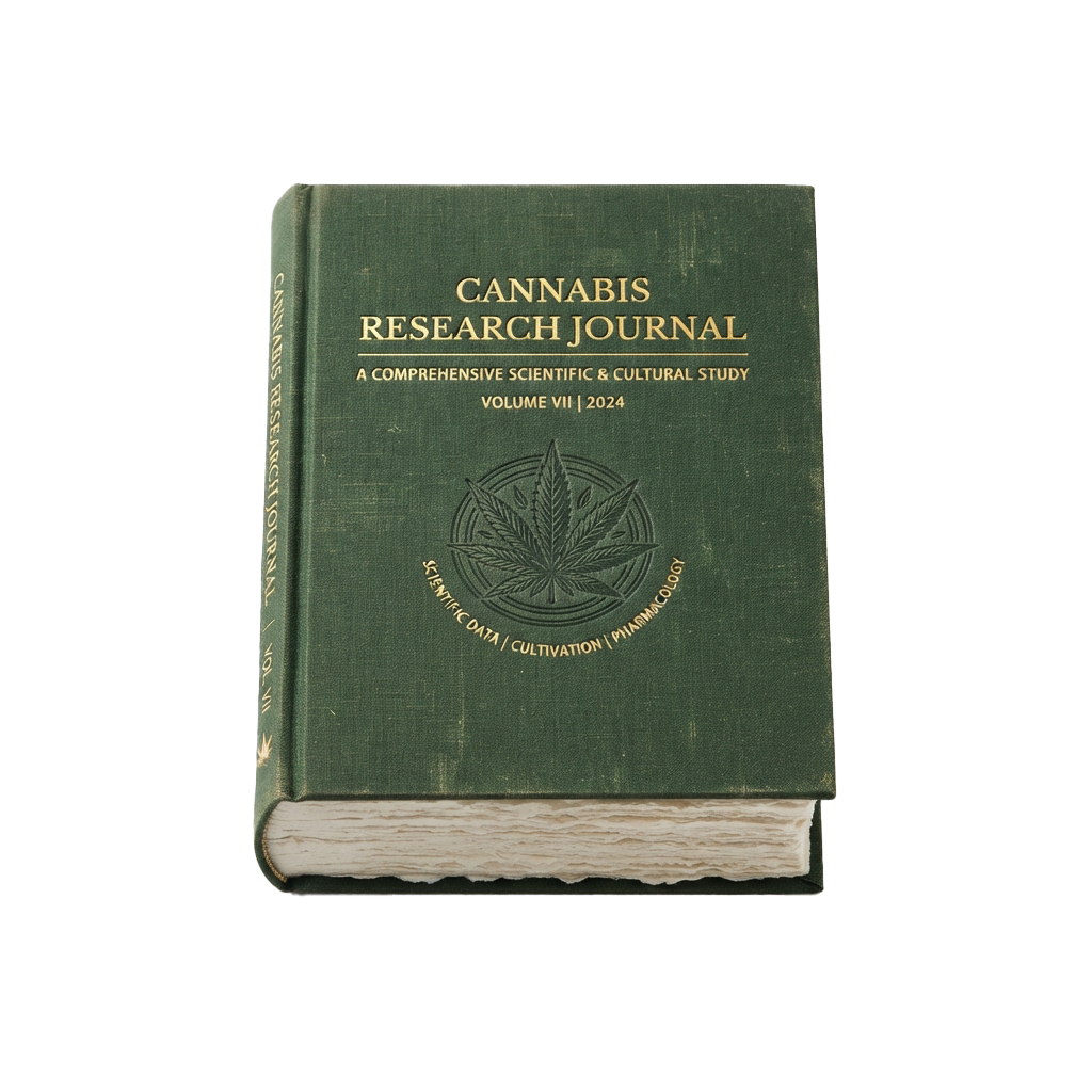 Green hardcover book titled Cannabis Research Journal Volume VII 2024 with cannabis leaf emblem
