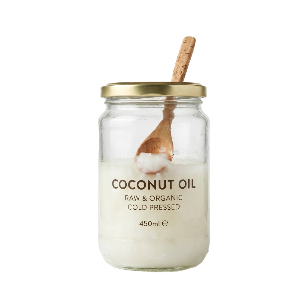 A glass jar of raw organic cold pressed coconut oil with a wooden spoon inside.