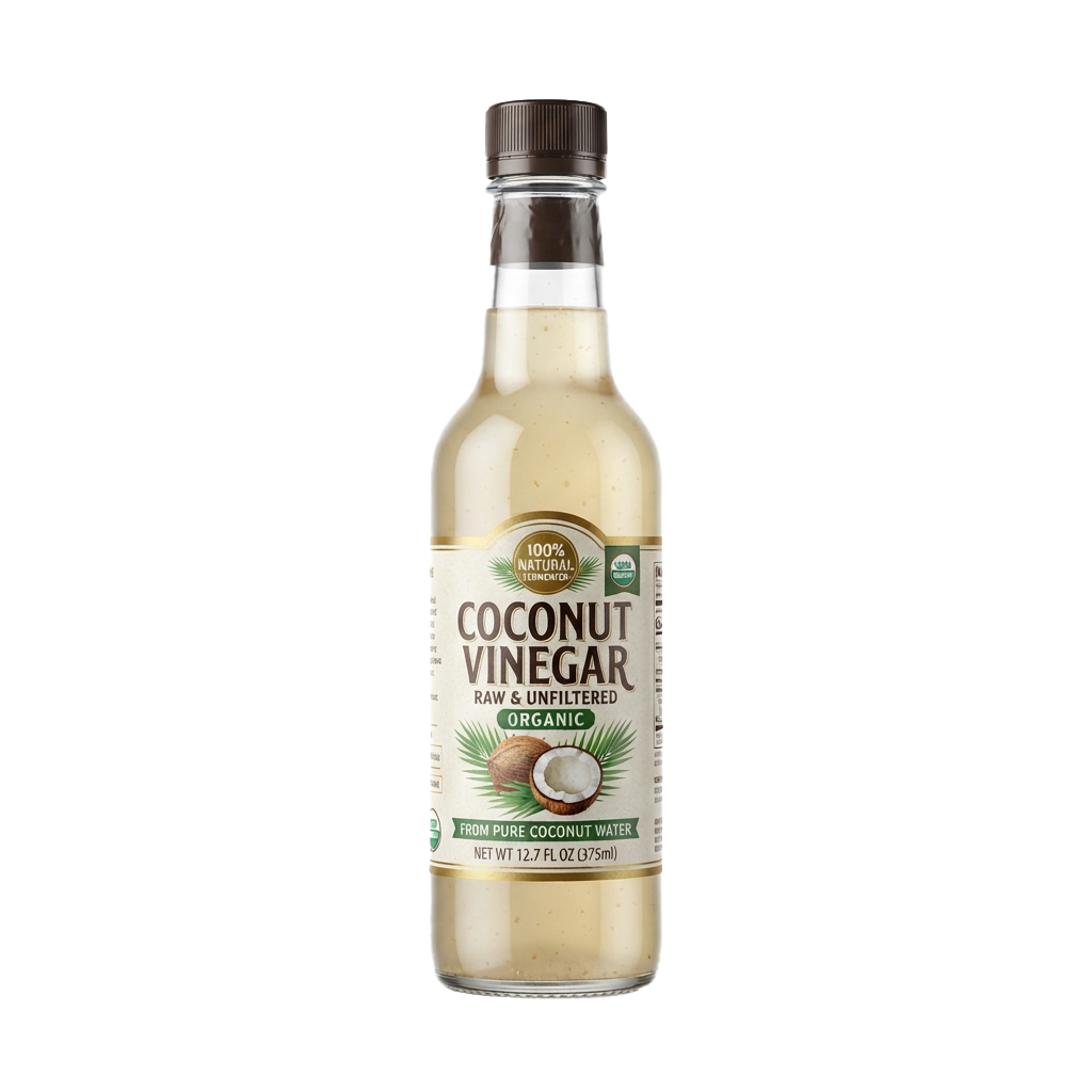 A bottle of organic coconut vinegar made from pure coconut water, raw and unfiltered.