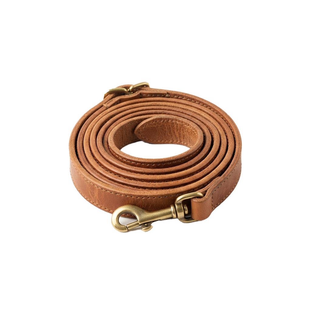 A coiled brown leather dog leash with brass-colored metal clips and buckle