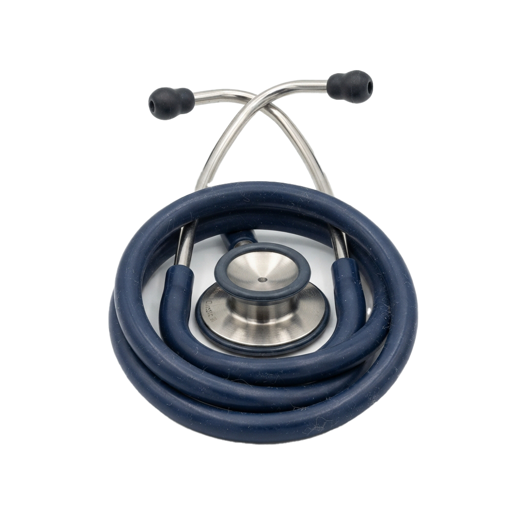 A stethoscope with blue rubber tubing, silver diaphragm, and black earpieces against a dark background