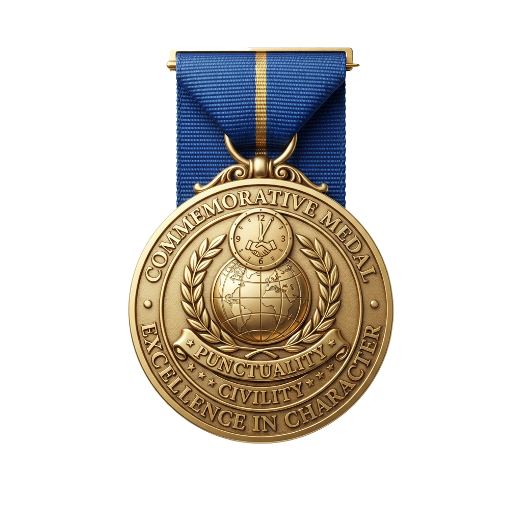 Gold commemorative medal with blue ribbon honoring punctuality, civility, and excellence in character