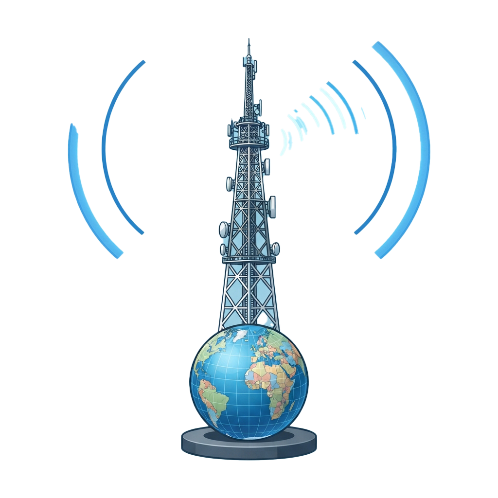 A cell tower standing on a globe emitting blue signal waves around it