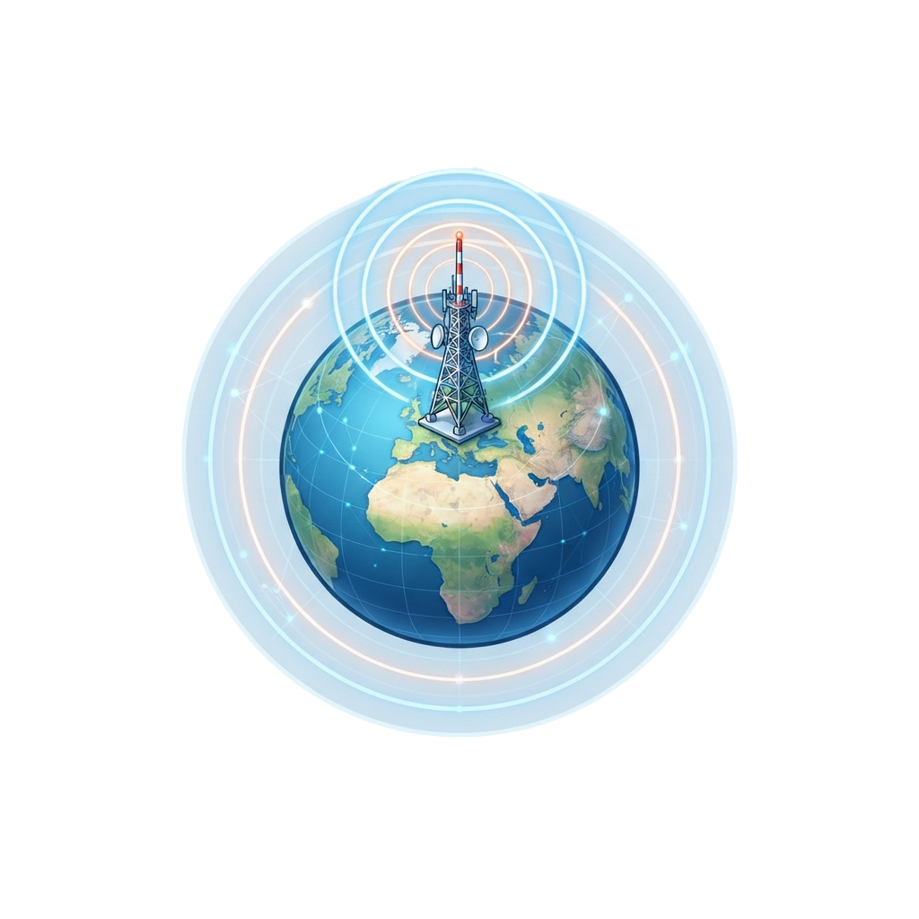 Illustration of a communication tower emitting signals over a globe with concentric signal rings